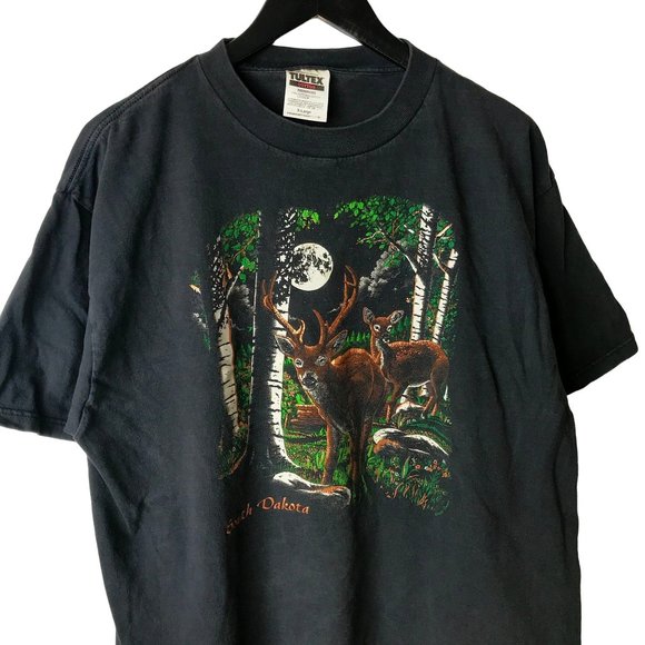 Vintage Tops - 90s Vintage South Dakota Wild Deer Nature T Shirt Black XL Extra Large Solid